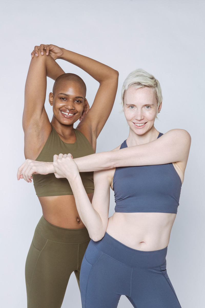The olive and slate sets side by side, stretching.